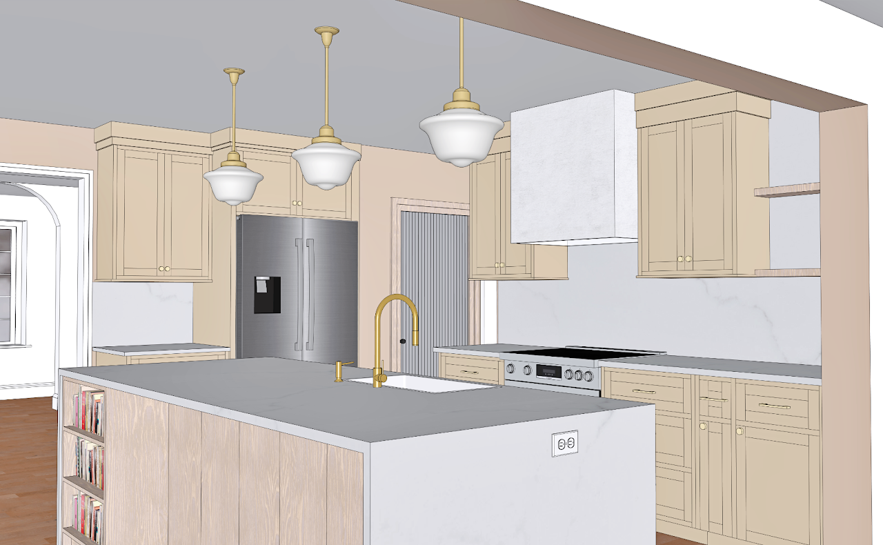 Kitchen model showing cabinetry, island and pendant lighting