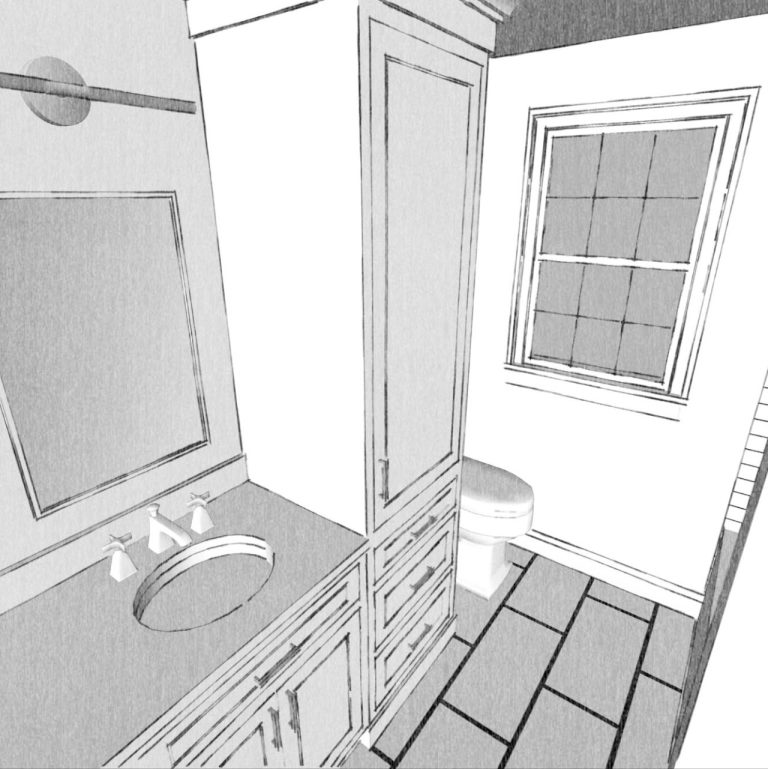 Black-and-white bathroom model showing the vanity, fixtures, window and tiled floor