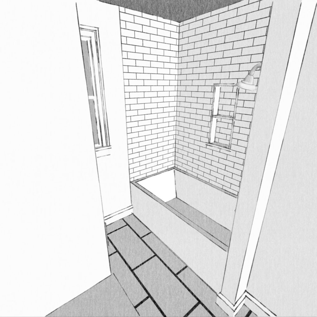 Bathroom model looking into the tiled walk-in shower with built-in niche