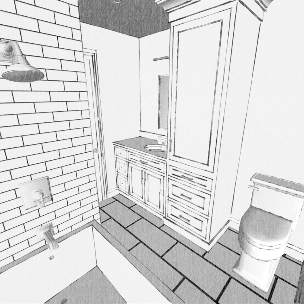 Bathroom model showing the shower entrance, tall cabinet, vanity and toilet