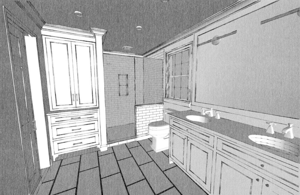 Bathroom model with double vanity, tall storage cabinet and toilet