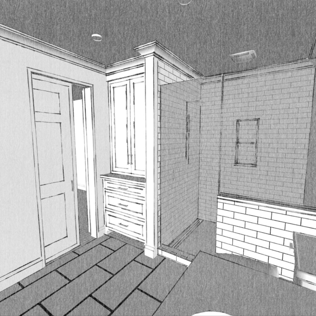 Bathroom model showing the tall cabinet beside the tiled shower