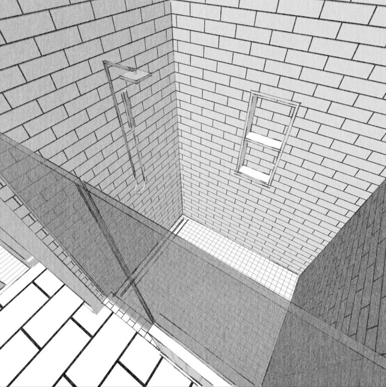 Overhead model view of the tiled shower, niche and glass partition