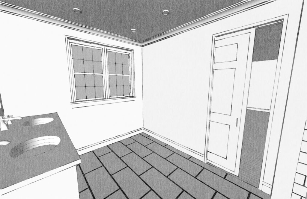Bathroom model showing the window, tiled floor and doorway