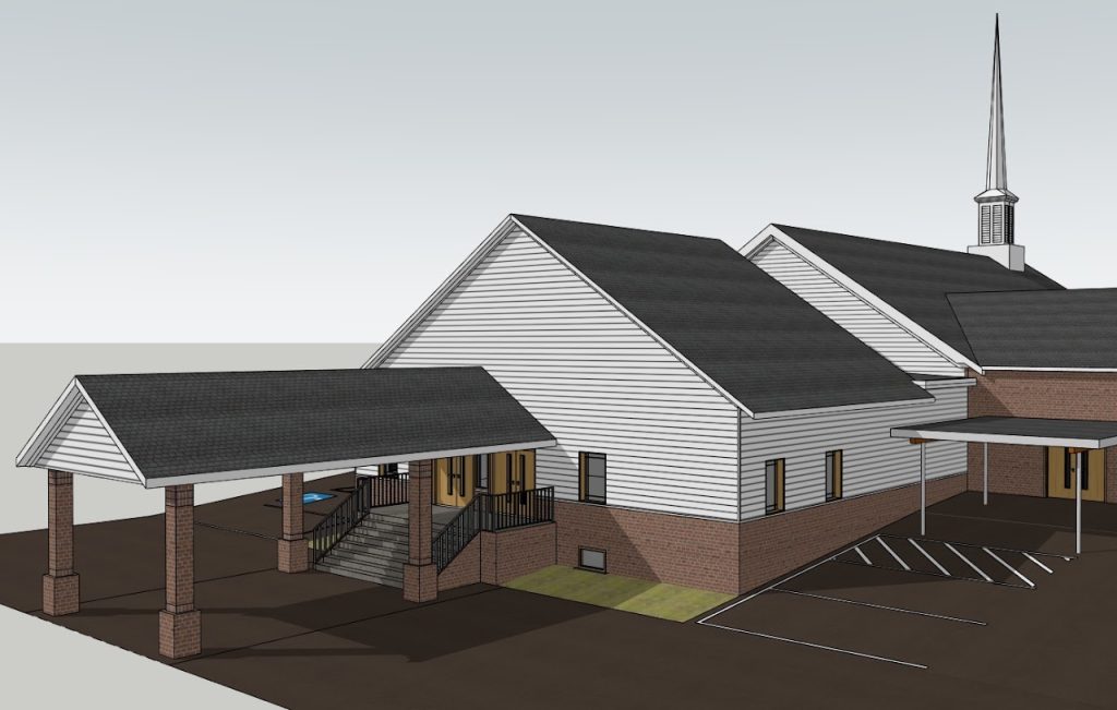 3D exterior model of the Harrisburg church and proposed covered entrance addition