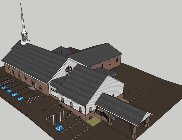 Aerial model showing the church addition, entrances and accessible parking spaces