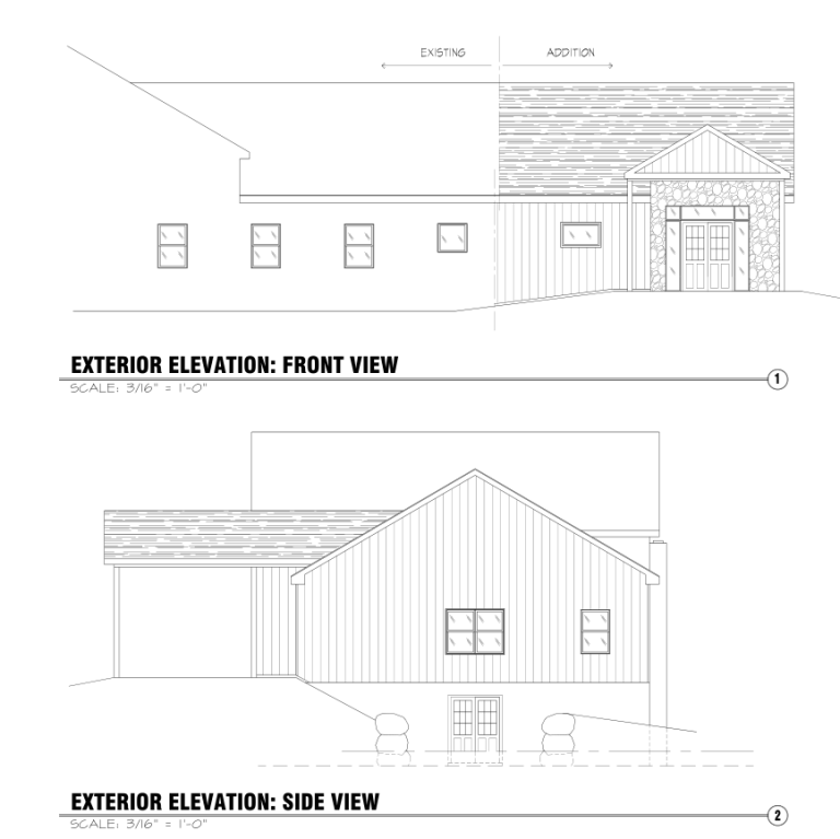 Front and side exterior elevation drawings for the Three Springs church addition