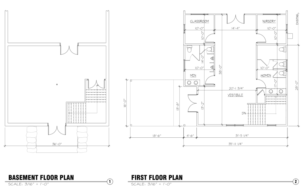 Basement and first-floor plans for the church addition and new vestibule