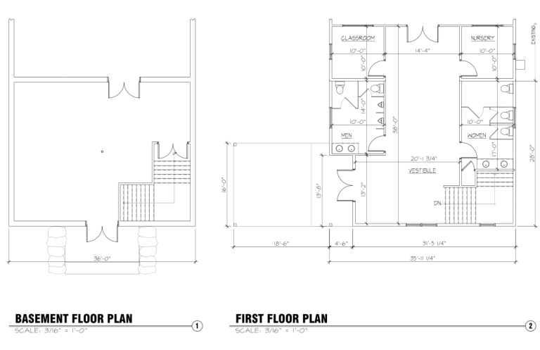 Basement and first-floor plans for the church addition and new vestibule