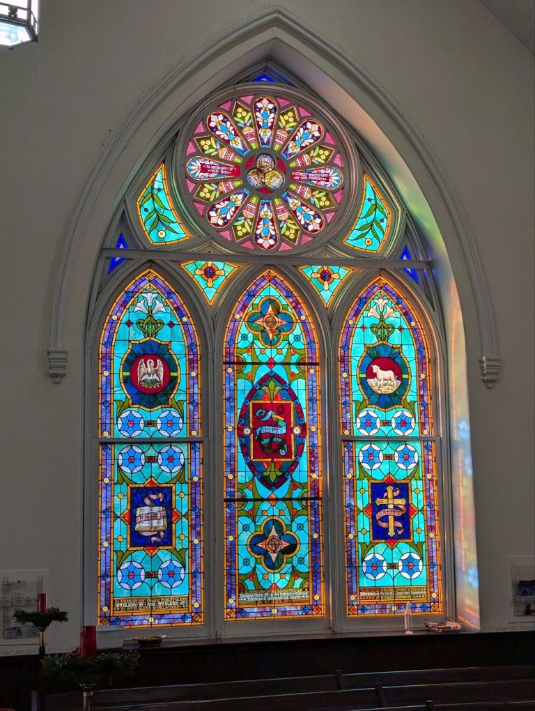 Stained-glass window in the existing Whitehall church interior