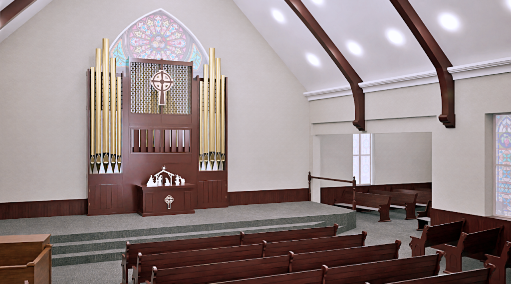 Renovation rendering of the chancel with organ pipes, altar and expanded platform