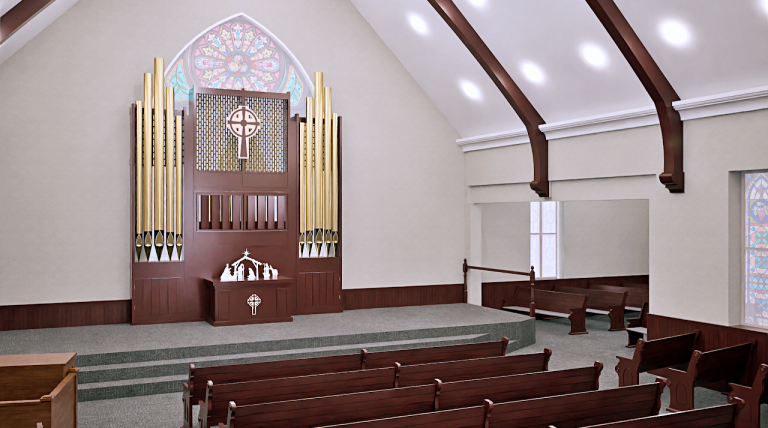 Renovation rendering of the chancel with organ pipes, altar and expanded platform