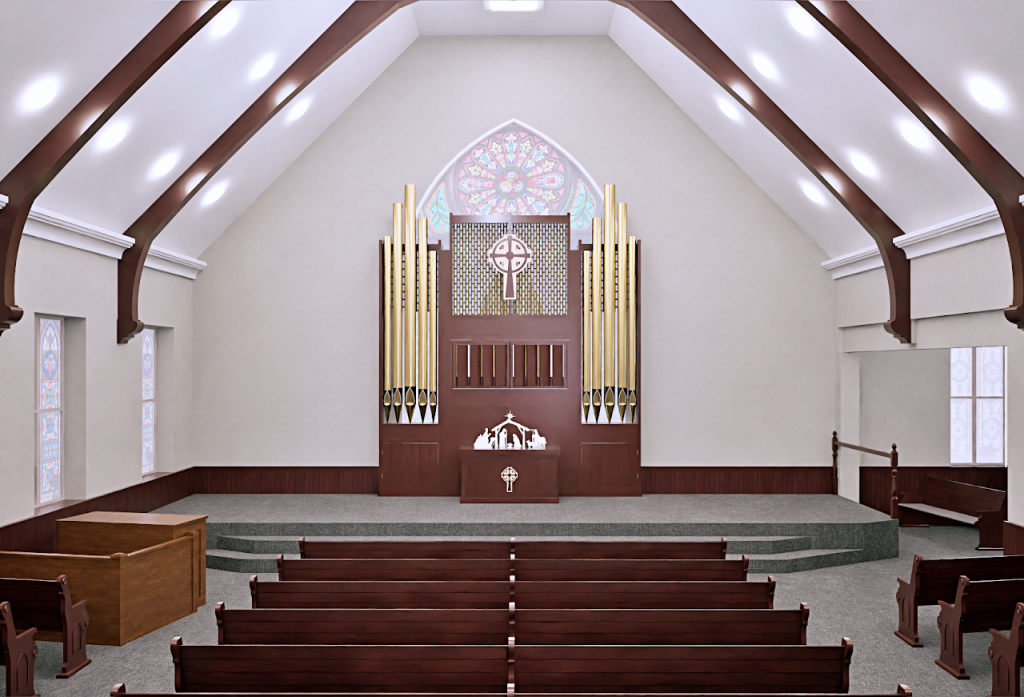 Front sanctuary rendering showing the organ pipes, altar and curved platform steps