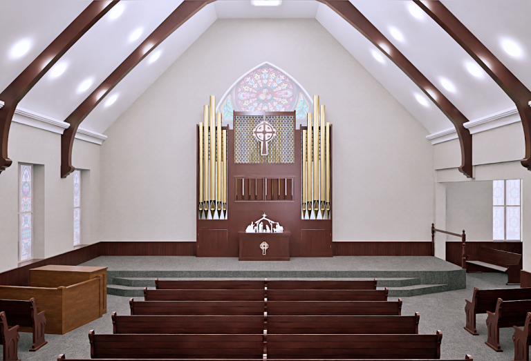 Front sanctuary rendering showing the organ pipes, altar and curved platform steps