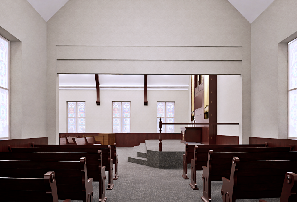 Rendering of the open transition area between the sanctuary and adjacent room