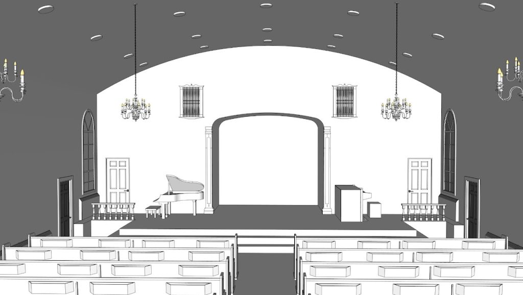 Grayscale model of the Havertown church sanctuary and stage viewed from the seating area