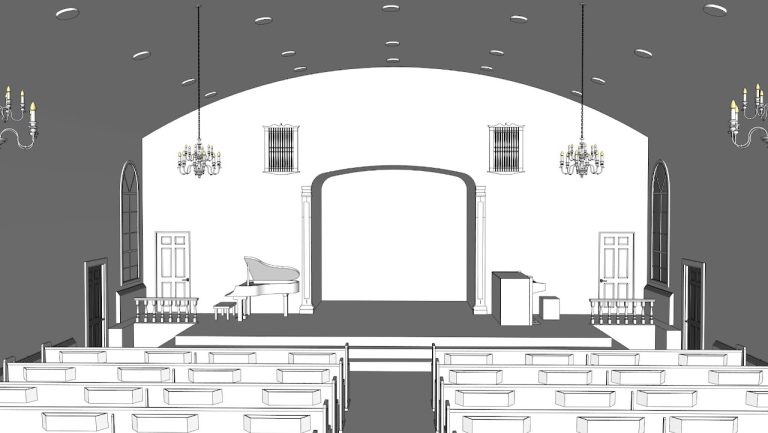 Grayscale model of the Havertown church sanctuary and stage viewed from the seating area