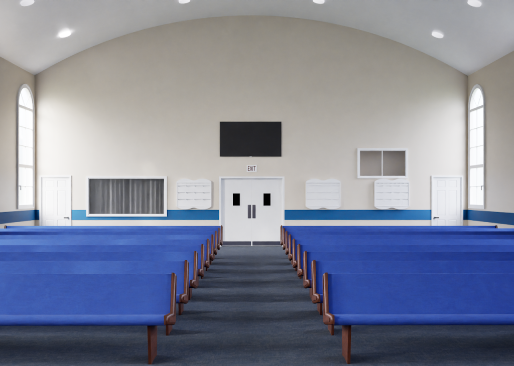 Rear-facing renovation rendering of the church hall with blue pews and media screens