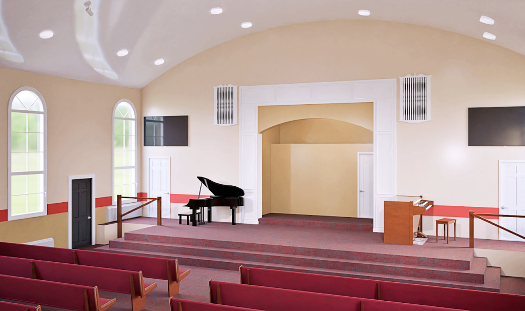 Stage renovation rendering with piano, lectern and paneled arched backdrop