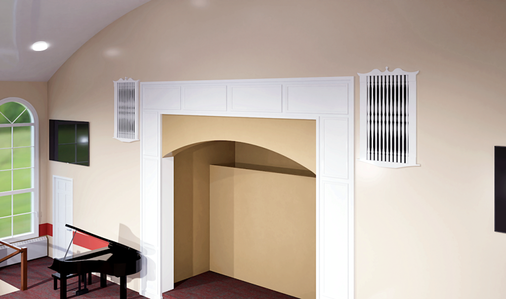 Close rendering of the arched stage backdrop and decorative wall panels