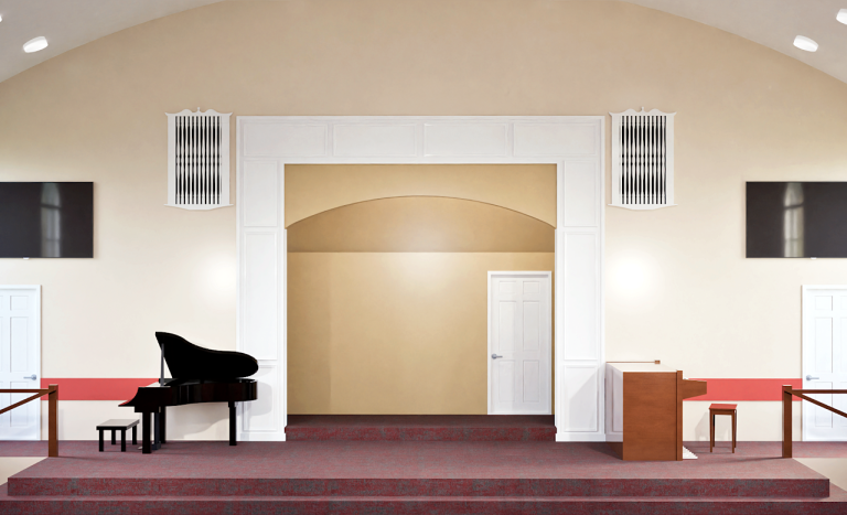 Front stage rendering with piano, lectern, paneled arch and wall-mounted screens