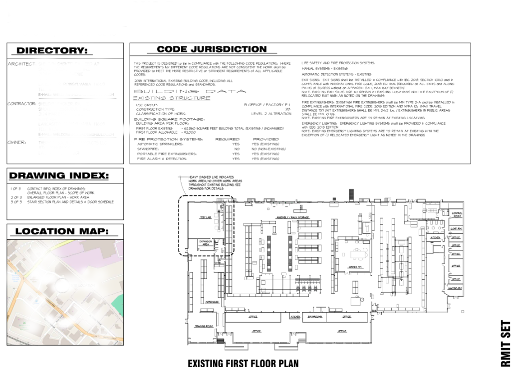Permit cover sheet with code information and existing first-floor plan