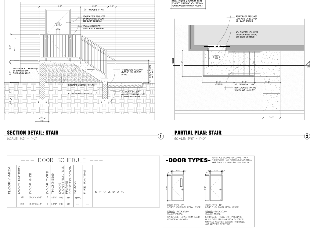 Permit stair section, partial stair plan, door schedule and door details
