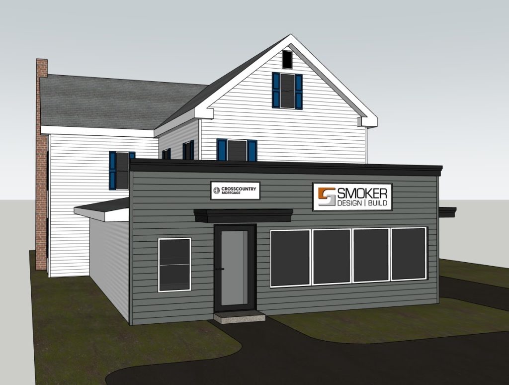 Front exterior model of the office addition with dark siding and entrance canopy