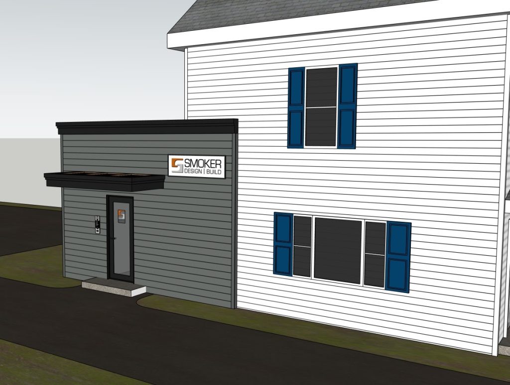 Side exterior model showing the office addition, canopy and blue shutters