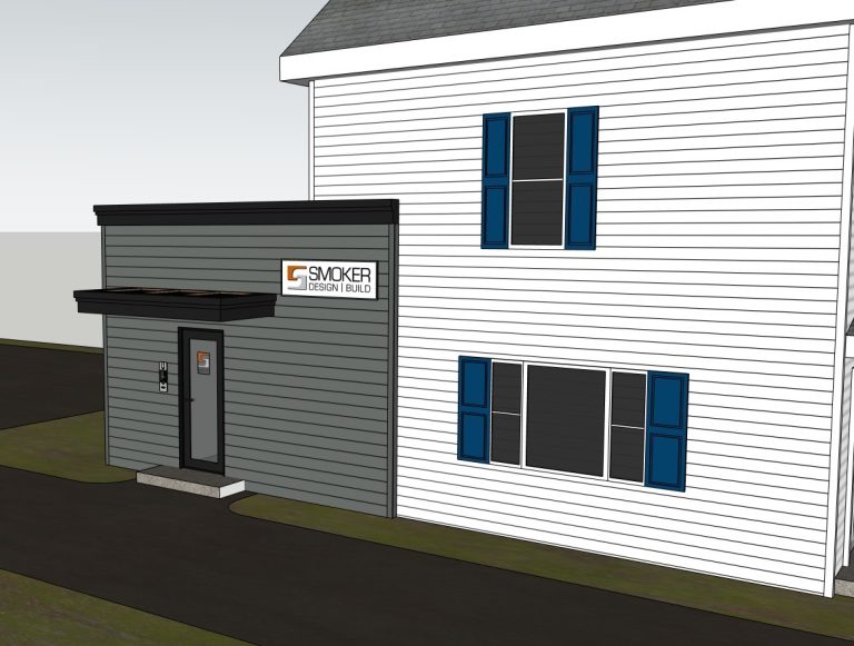 Side exterior model showing the office addition, canopy and blue shutters