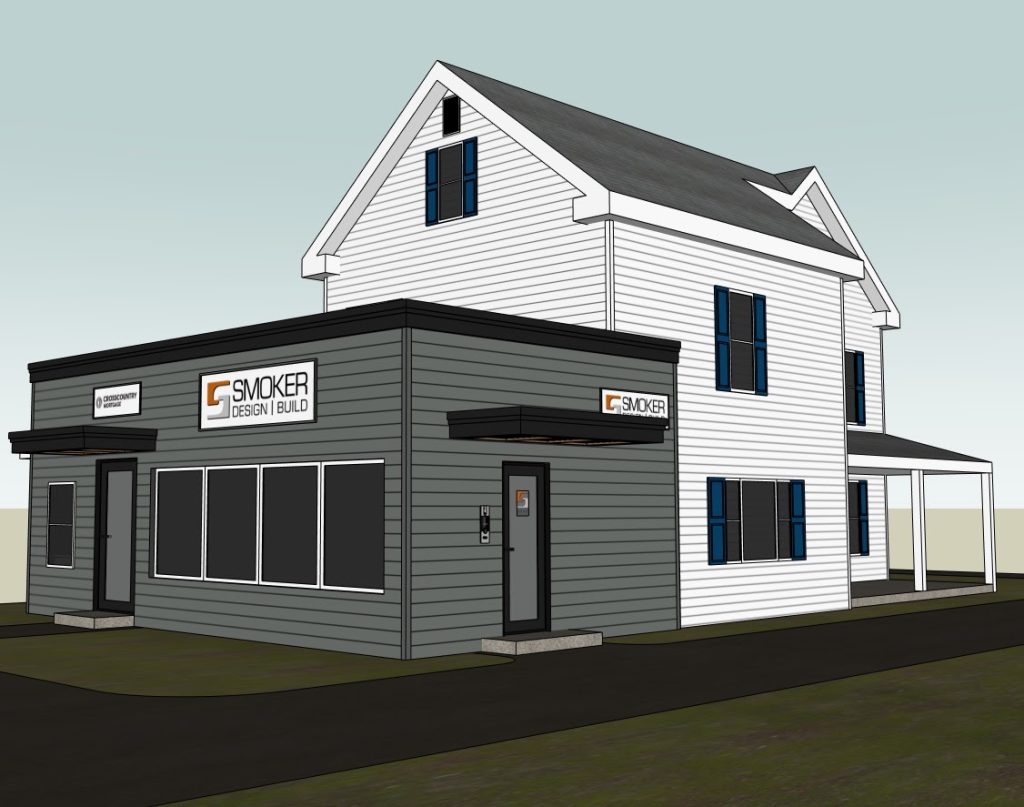Corner exterior model of the proposed office siding and entrance canopy