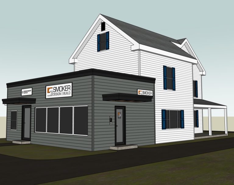 Corner exterior model of the proposed office siding and entrance canopy
