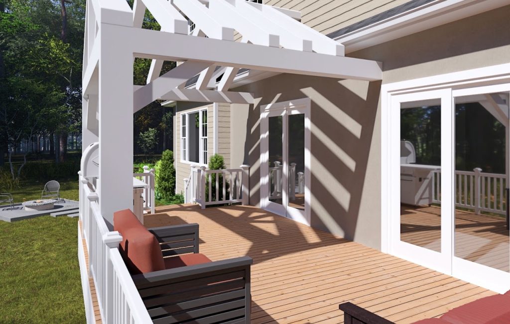 3D rendering of a rear porch with a pergola, deck seating and glass doors