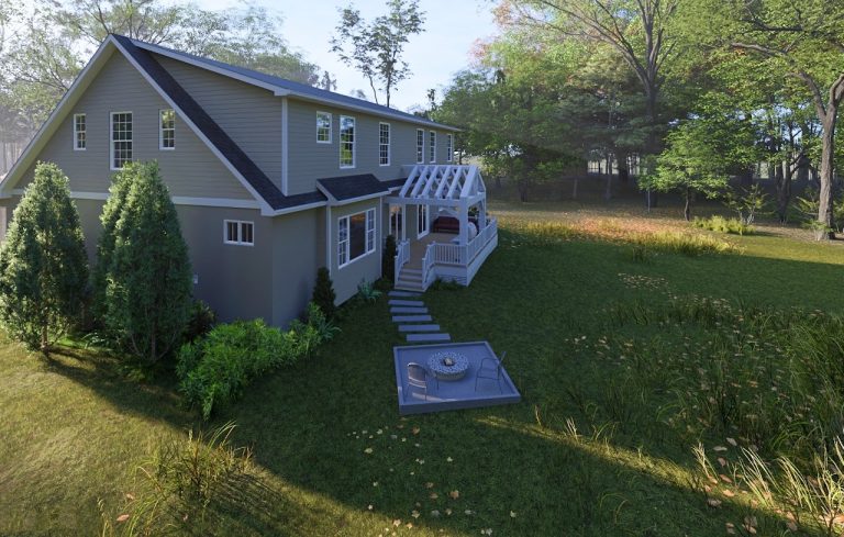 Rear exterior rendering showing the pergola porch and landscaped yard