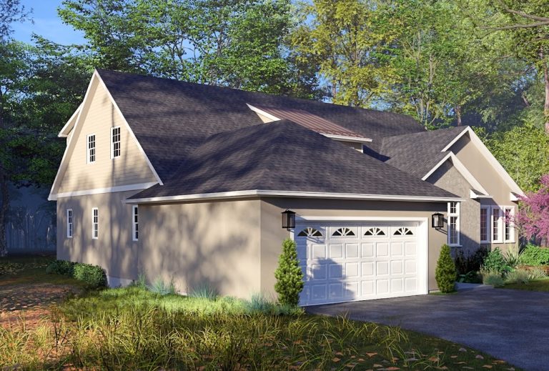 Garage-side exterior rendering with beige siding, planting beds and driveway