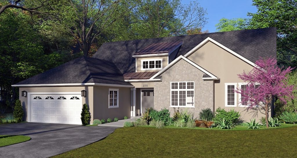 Front exterior rendering of the updated home with porch, stone accents and landscaping