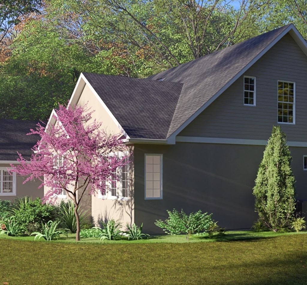 Side exterior rendering showing dark siding, garage wall and flowering tree