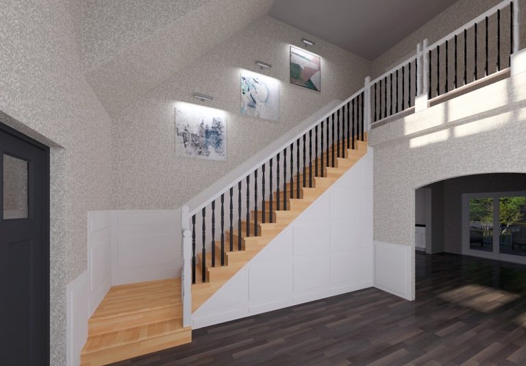 Foyer rendering with staircase, paneled wall and dark wood flooring