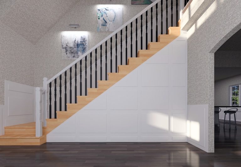 Alternate foyer rendering with wood stair treads and black balusters