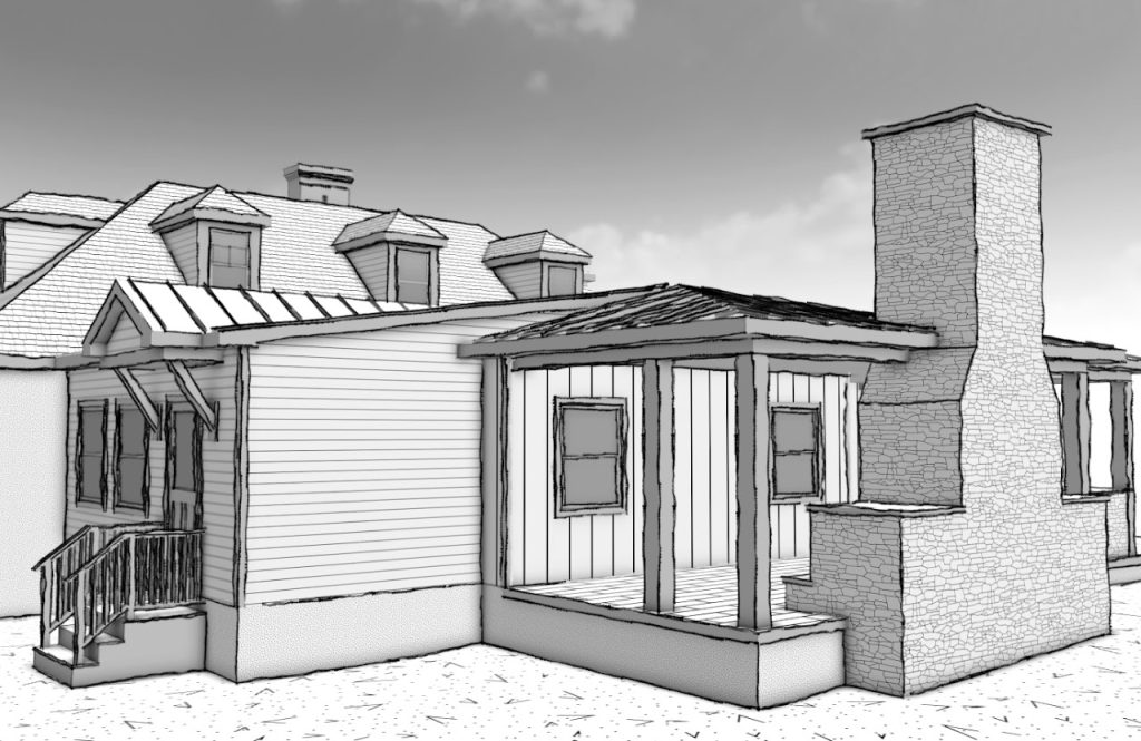 Exterior model of the rear addition and covered deck beside the existing chimney