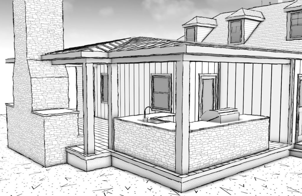 Corner model of the covered deck with half wall and new rear addition