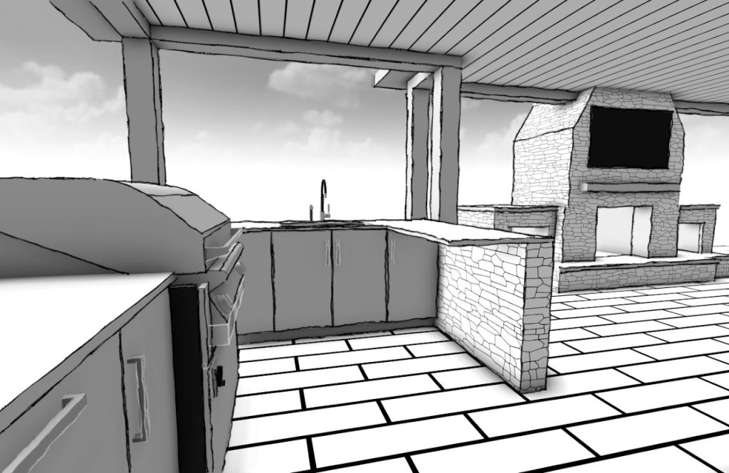 Covered deck model showing the built-in grill, counter and outdoor fireplace