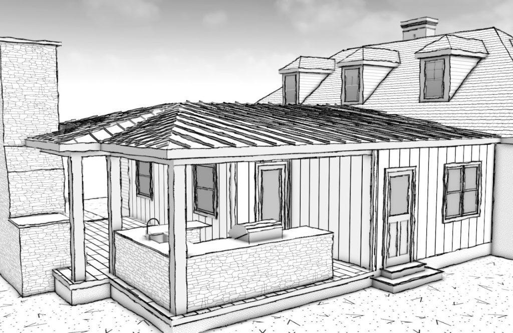 Exterior model showing windows, steps and covered deck roof on the addition
