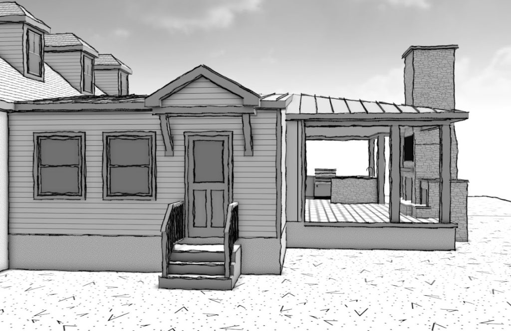 Rear elevation model of the addition entrance and covered outdoor kitchen