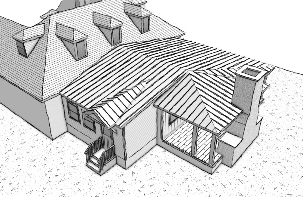 Aerial model of the home addition, covered deck and roof connections