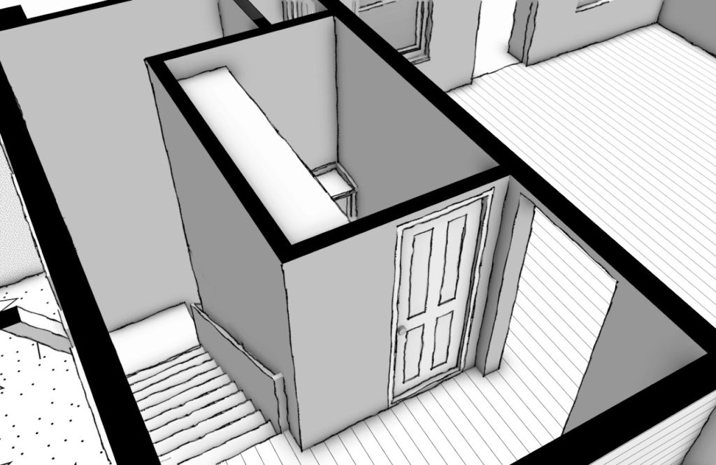 Cutaway model showing the interior landing, stairs and new doorway