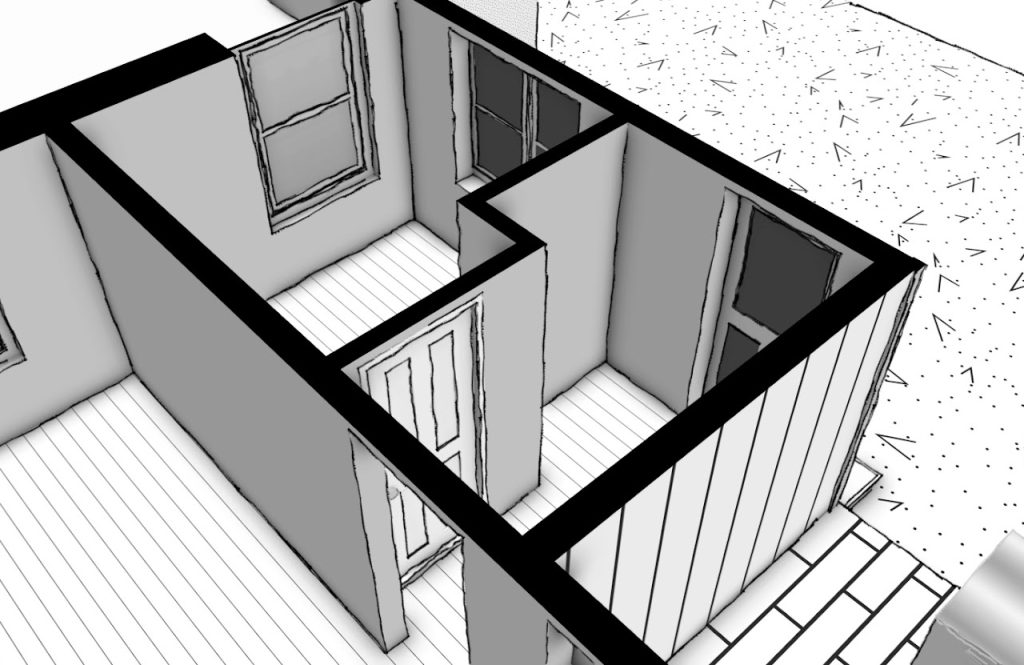 Cutaway model of the new room layout and window placement