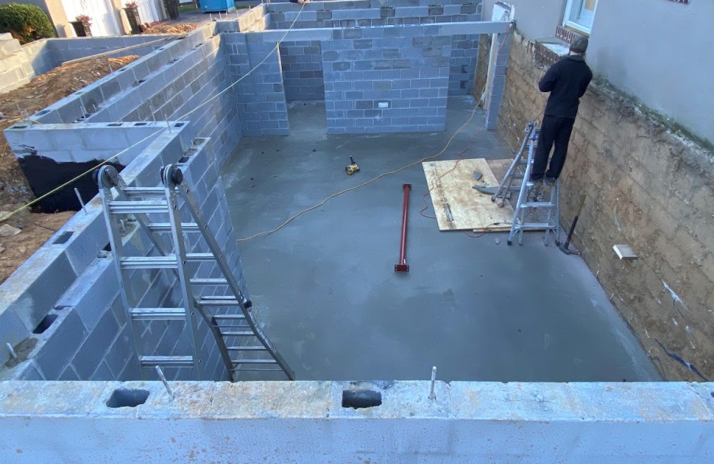 Concrete slab and block walls inside the addition foundation