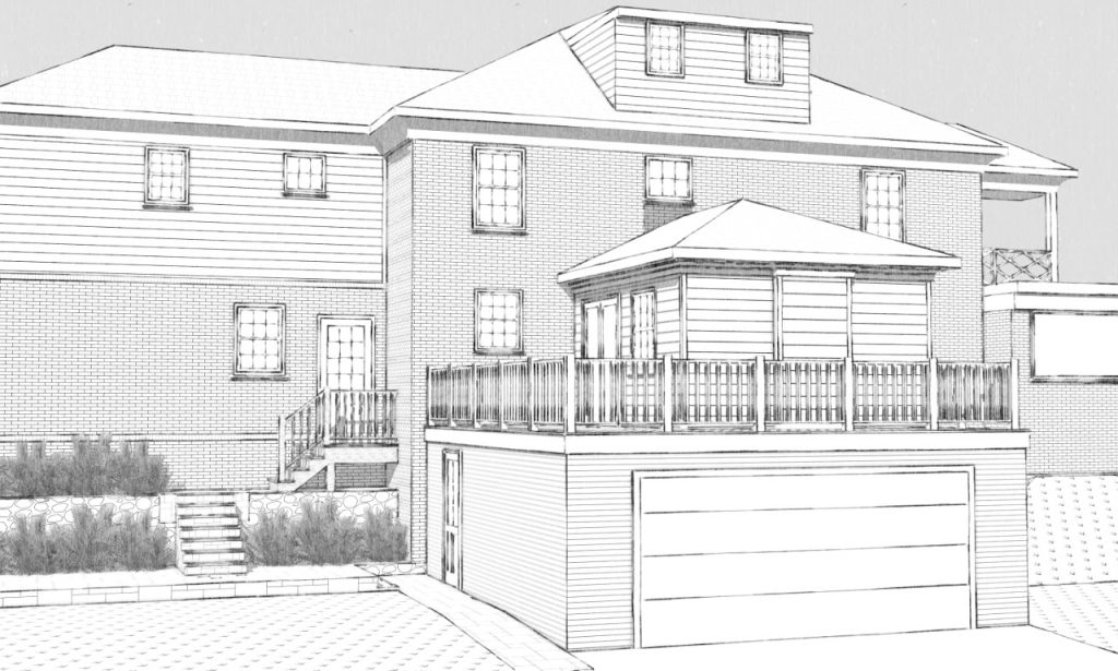 Rear exterior sketch model of the proposed garage addition with deck above