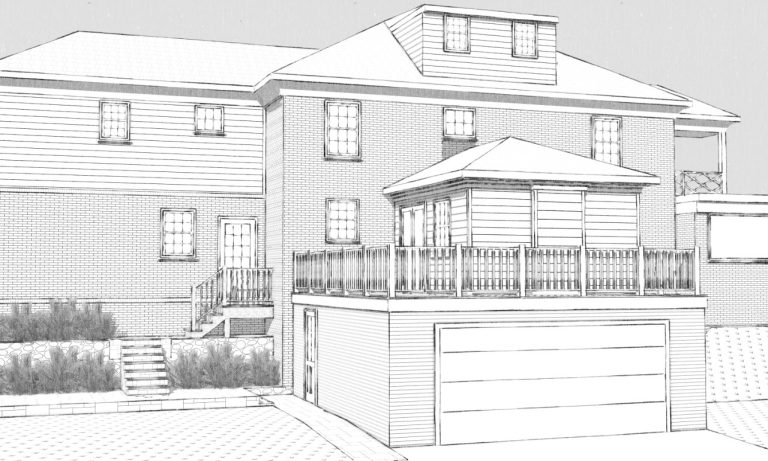 Rear exterior sketch model of the proposed garage addition with deck above